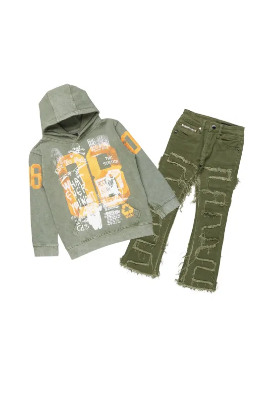 Boys Beau Green Hoodie/Stacked Flare Jean Set sold by Rockstar Original