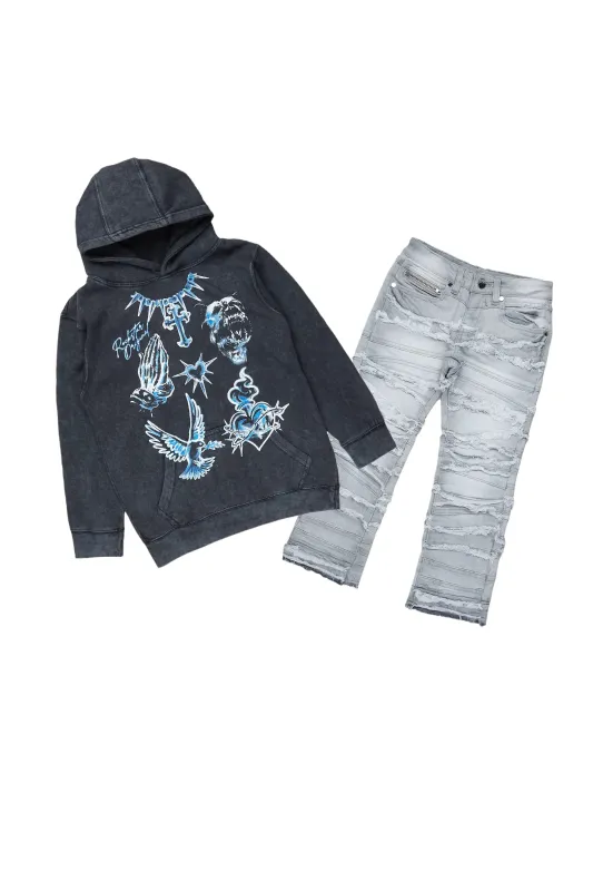 Boys Valar Vintage Black Hoodie/Stacked Flare Jean Set sold by Rockstar Original