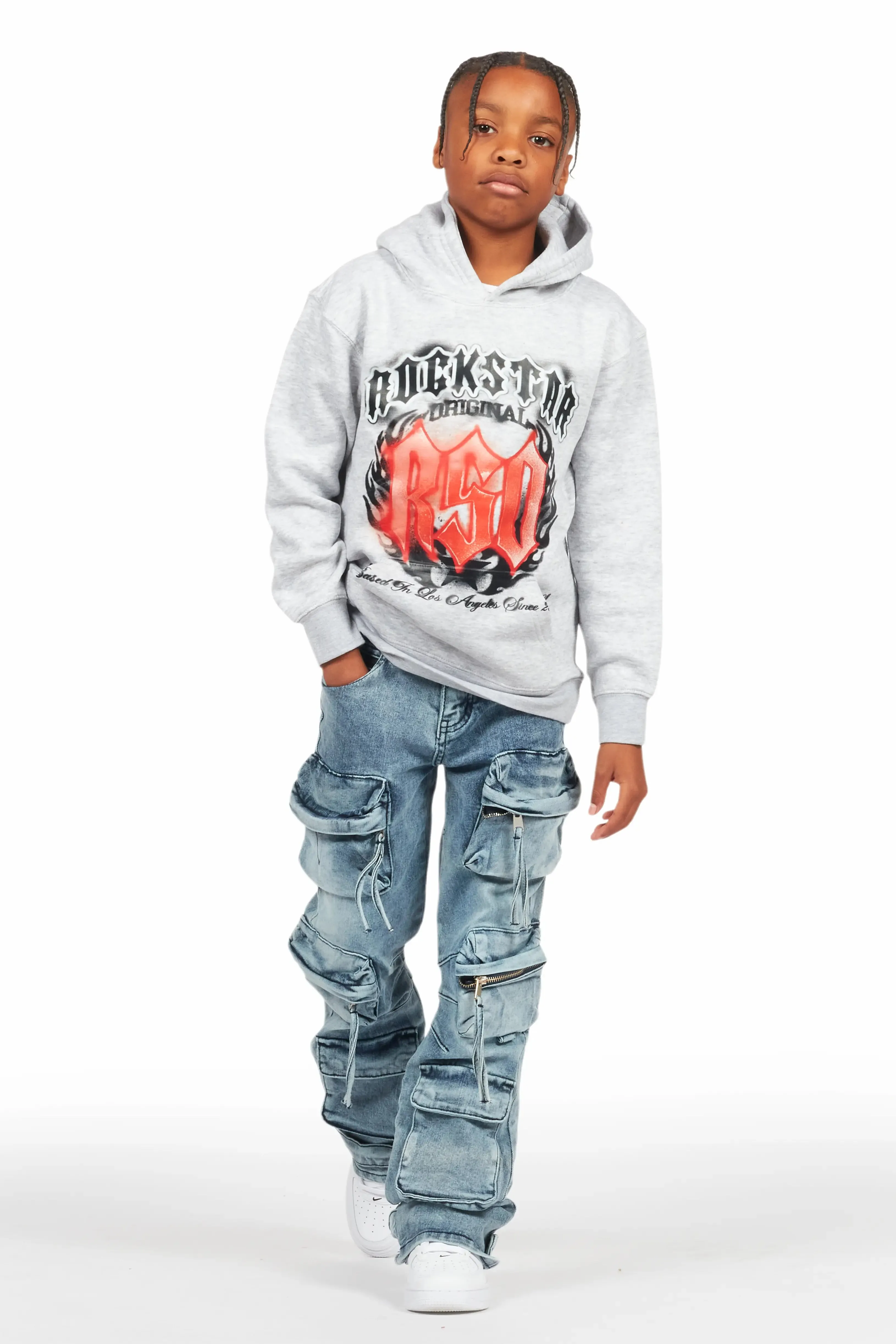 Boys Boaz Heather Grey Hoodie/Stacked Flare Jean Set sold by Rockstar Original product image thumbnail 2