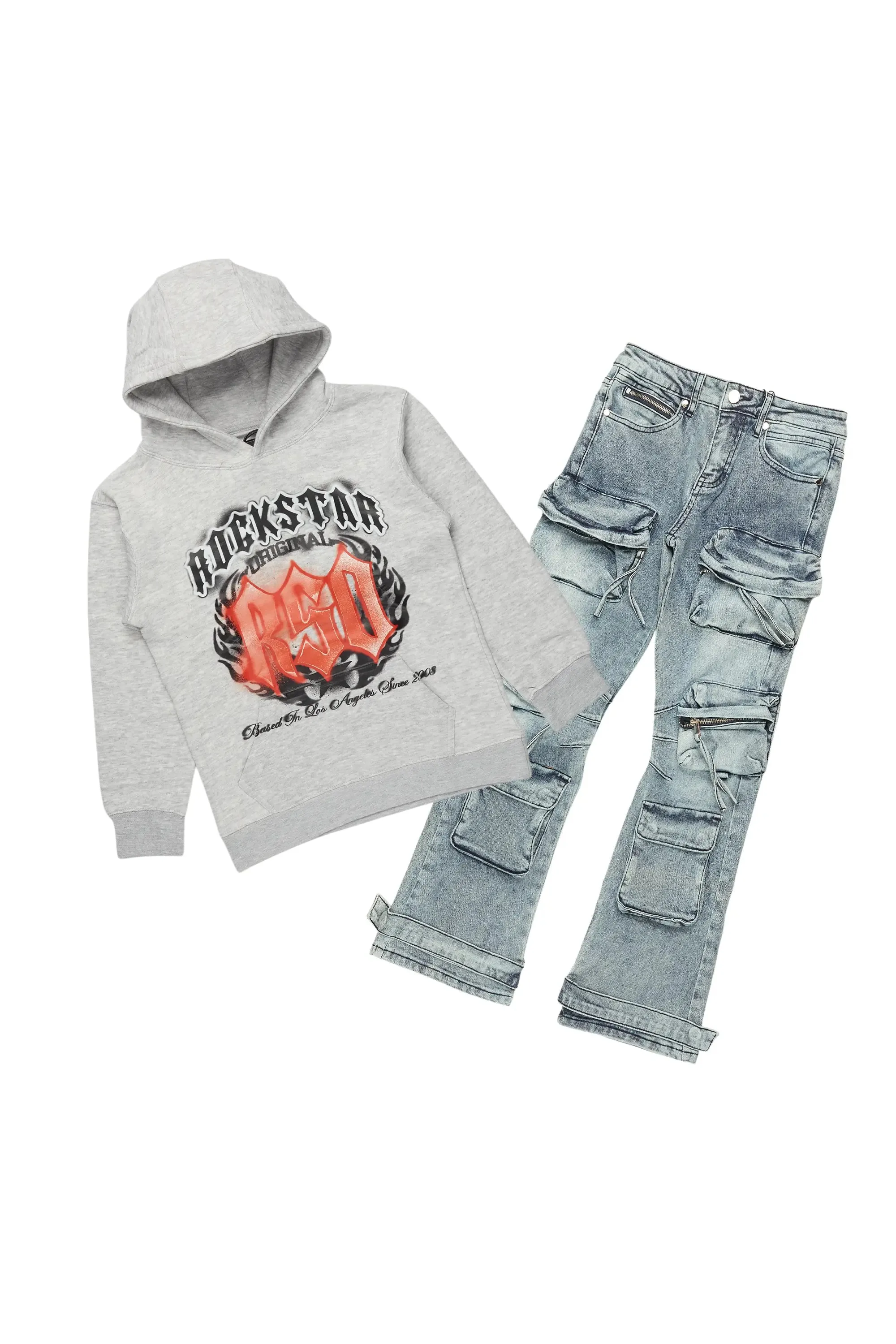 Boys Boaz Heather Grey Hoodie/Stacked Flare Jean Set sold by Rockstar Original