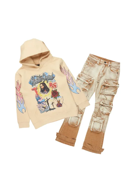 Boys Tadashi Beige Hoodie/Stacked Flare Jean Set sold by Rockstar Original