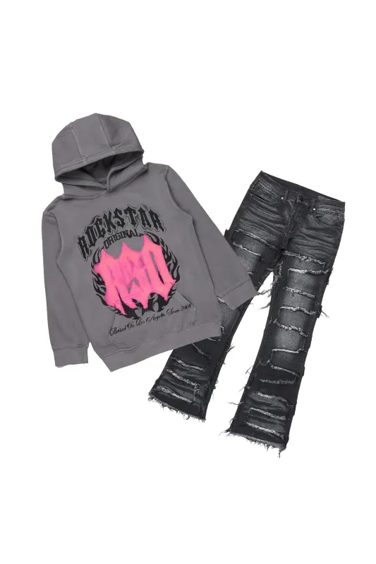 Girls Sandie Black/Vintage Grey Hoodie/Stacked Flare Jean Set sold by Rockstar Original