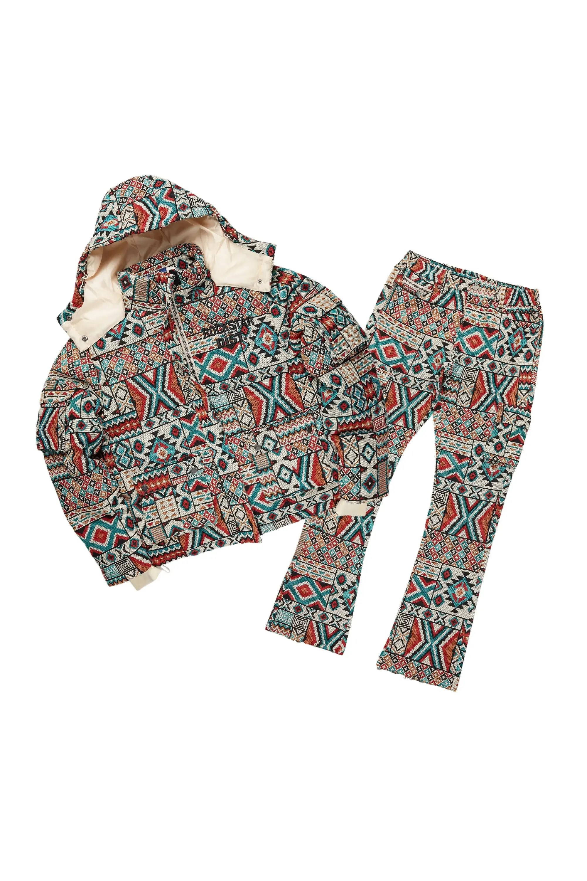 Boys Nard Beige Multi Tapestry Puffer Jacket/Flare Jean Set sold by Rockstar Original