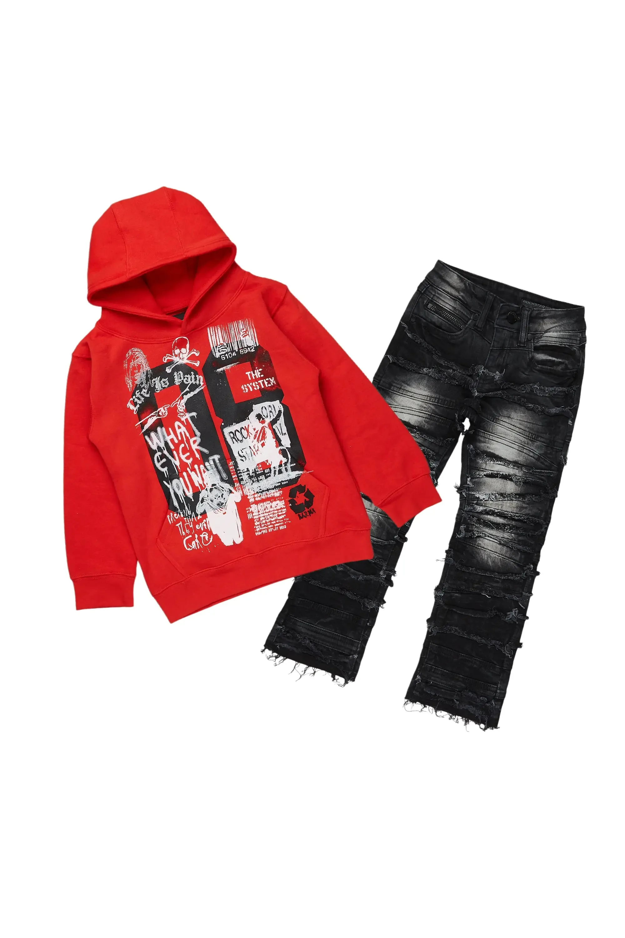 Boys Beau Red/Black Hoodie/Stacked Flare Jean Set sold by Rockstar Original