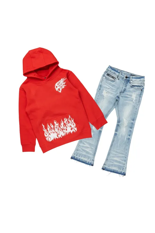 Boys Bubble Red Hoodie/Stacked Flare Jean Set sold by Rockstar Original