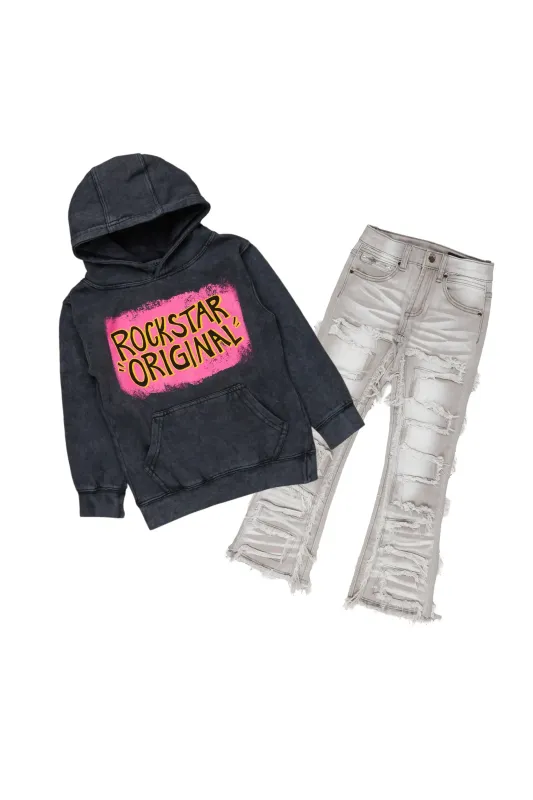 Girls Brielle Vintage Grey Hoodie/Stacked Flare Jean Set sold by Rockstar Original
