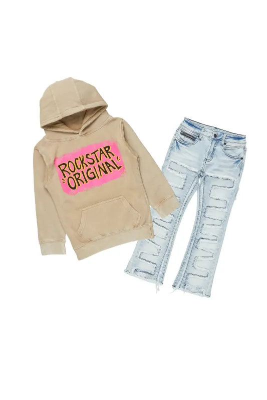 Girls Brielle Blue/Vintage Beige Hoodie/Stacked Flare Jean Set sold by Rockstar Original