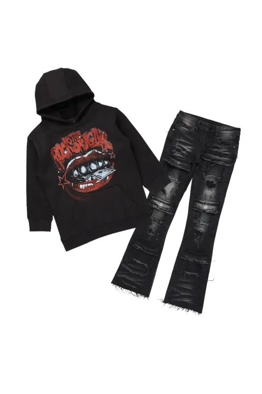 Boys Bloke Black Hoodie/Stacked Flare Jean Set sold by Rockstar Original