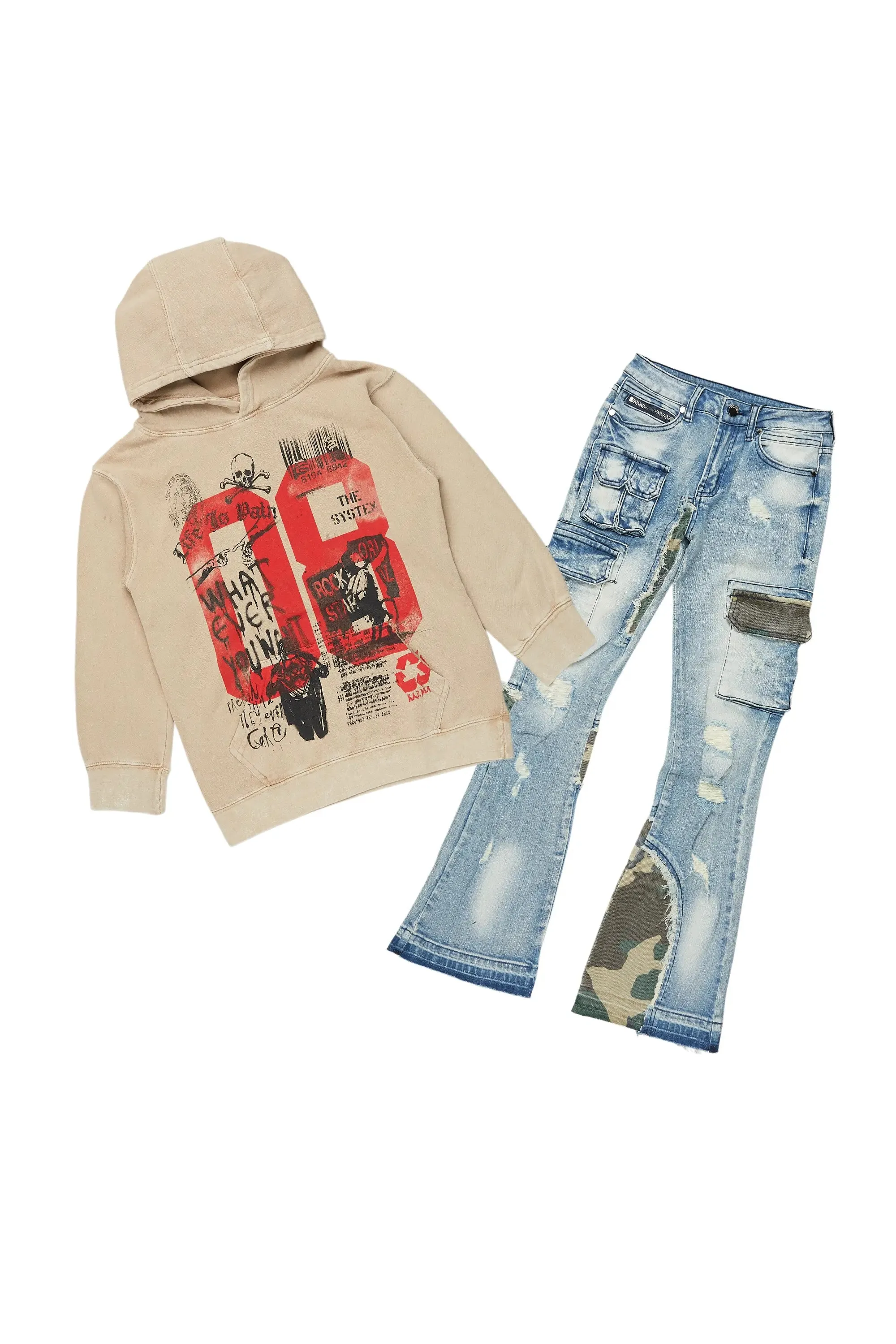 Boys Beau Vintage Beige Hoodie/Stacked Flare Jean Set sold by Rockstar Original