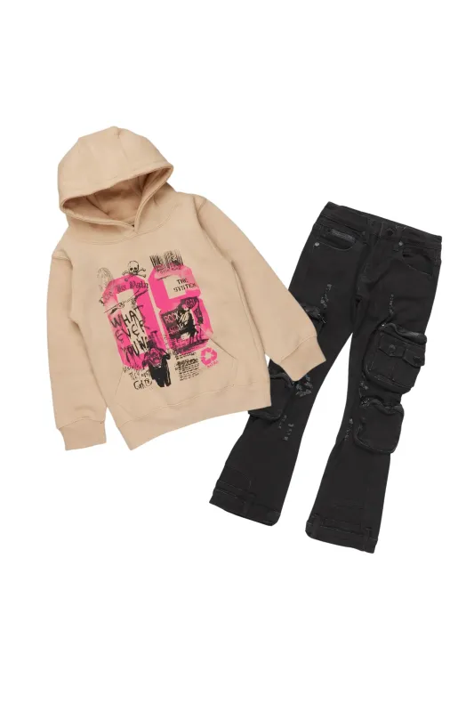 Girls Kammy Beige/Black Hoodie/Stacked Flare Jean Set sold by Rockstar Original