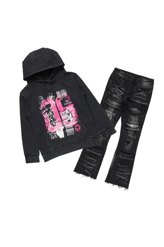 Girls Kammy Vintage Black Hoodie/Stacked Flare Jean Set sold by Rockstar Original