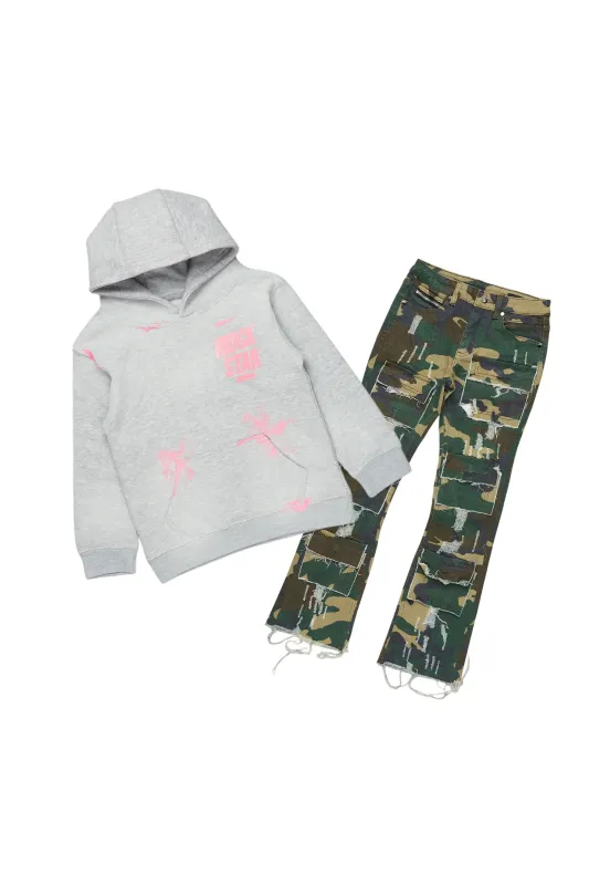 Girls Aimee Green Camo/Grey Hoodie/Stacked Flare Jean Set sold by Rockstar Original