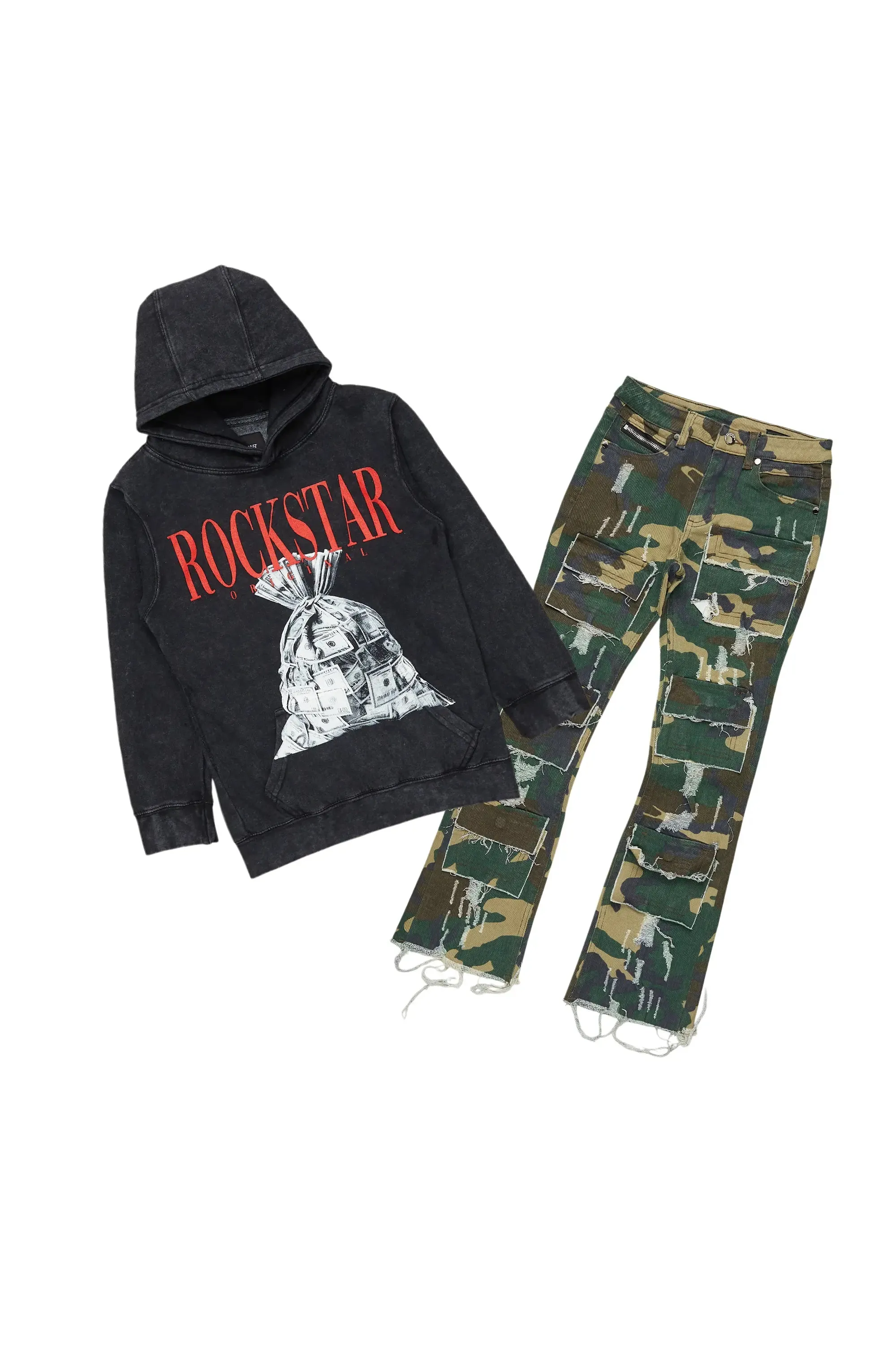 Boys Augustus Vintage Black Hoodie/Stacked Flare Jean Set sold by Rockstar Original