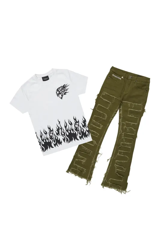 Boys Bubble Green/White T-Shirt/Stack Flare Jean Set sold by Rockstar Original