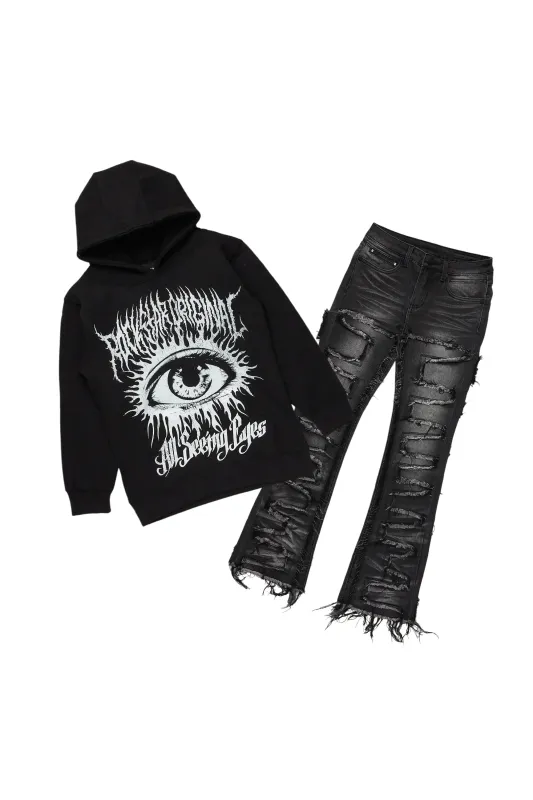 Boys All Eyes Black Hoodie/Stacked Flare Jean Set sold by Rockstar Original
