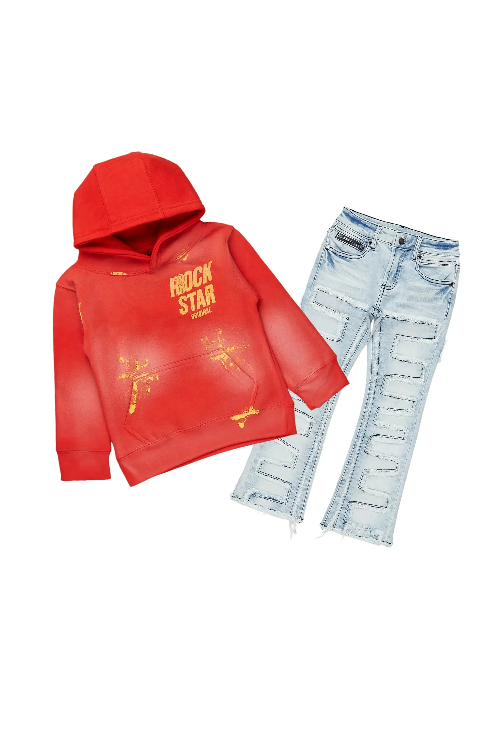 Boys Aiden Red Hoodie/Stacked Flare Jean Set sold by Rockstar Original