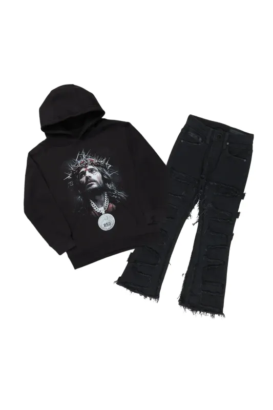 Boys Amina Black Hoodie/Stacked Flare Jean Set sold by Rockstar Original