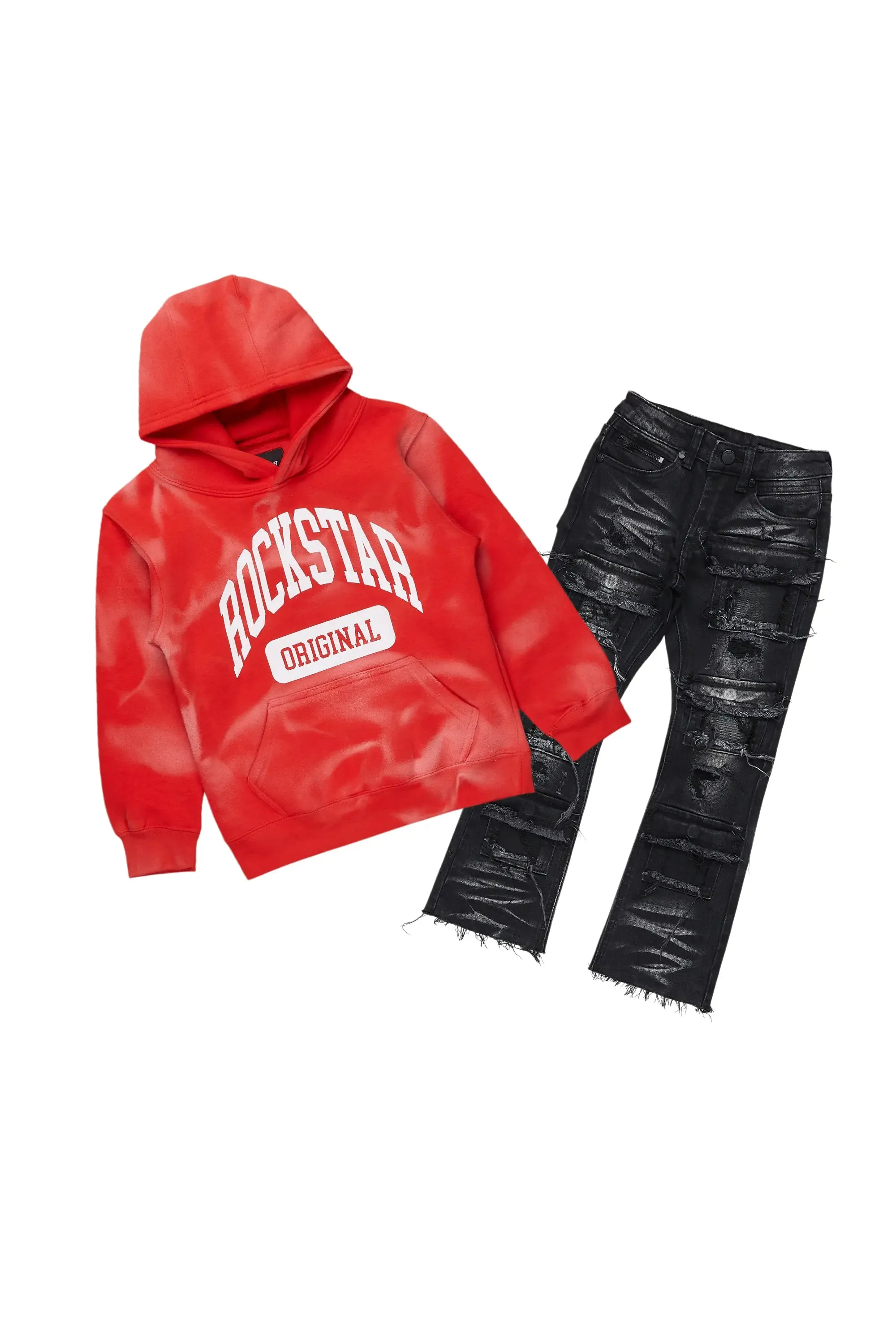 Boys Member Red/Black Hoodie/Stacked Flare Jean Set sold by Rockstar Original