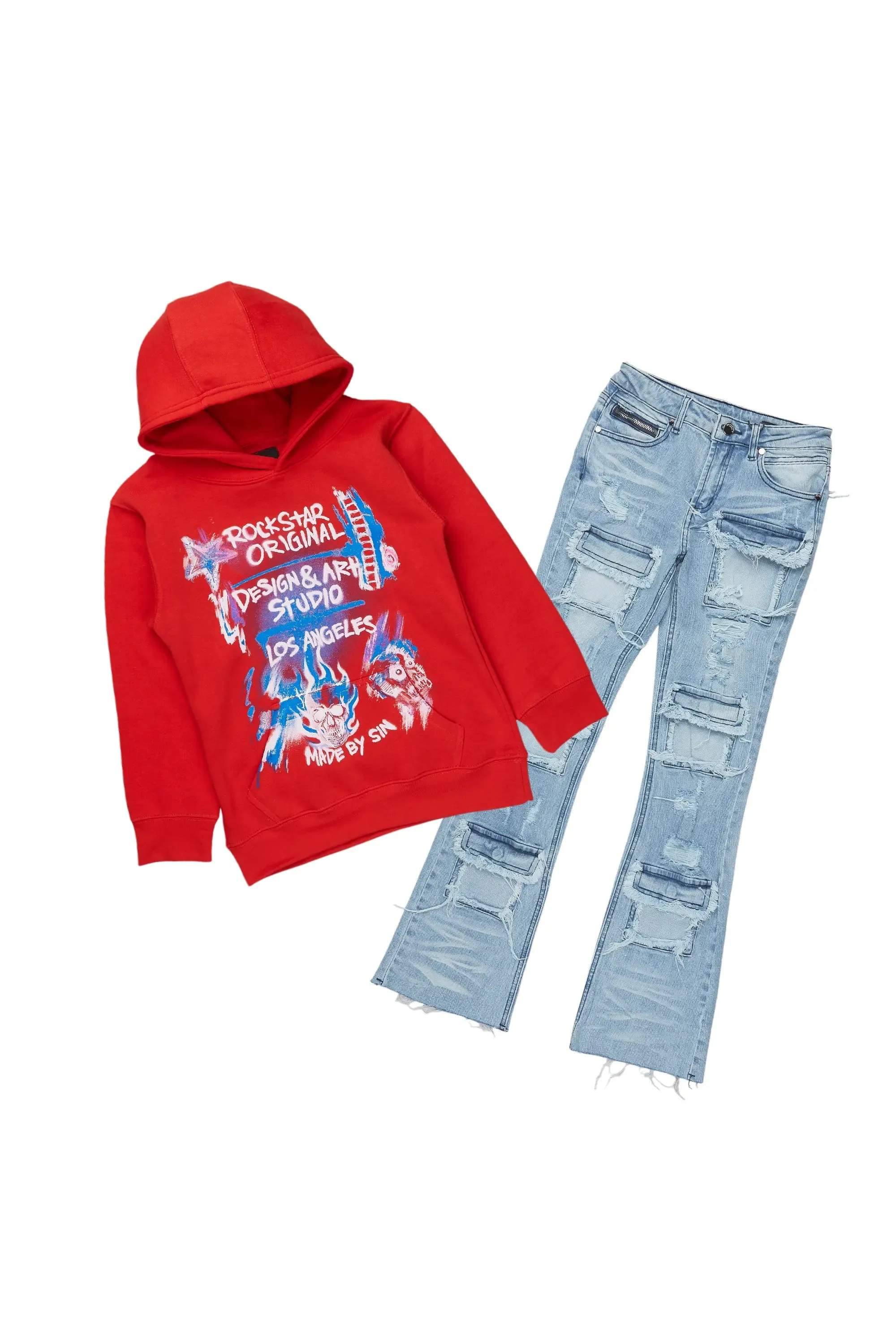 Boys Soweto Red Hoodie/Stacked Flare Jean Set sold by Rockstar Original