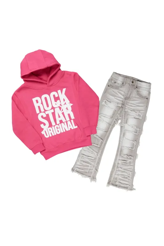 Girls Melanie Grey/Pink Hoodie/Stacked Flare Jean Set sold by Rockstar Original