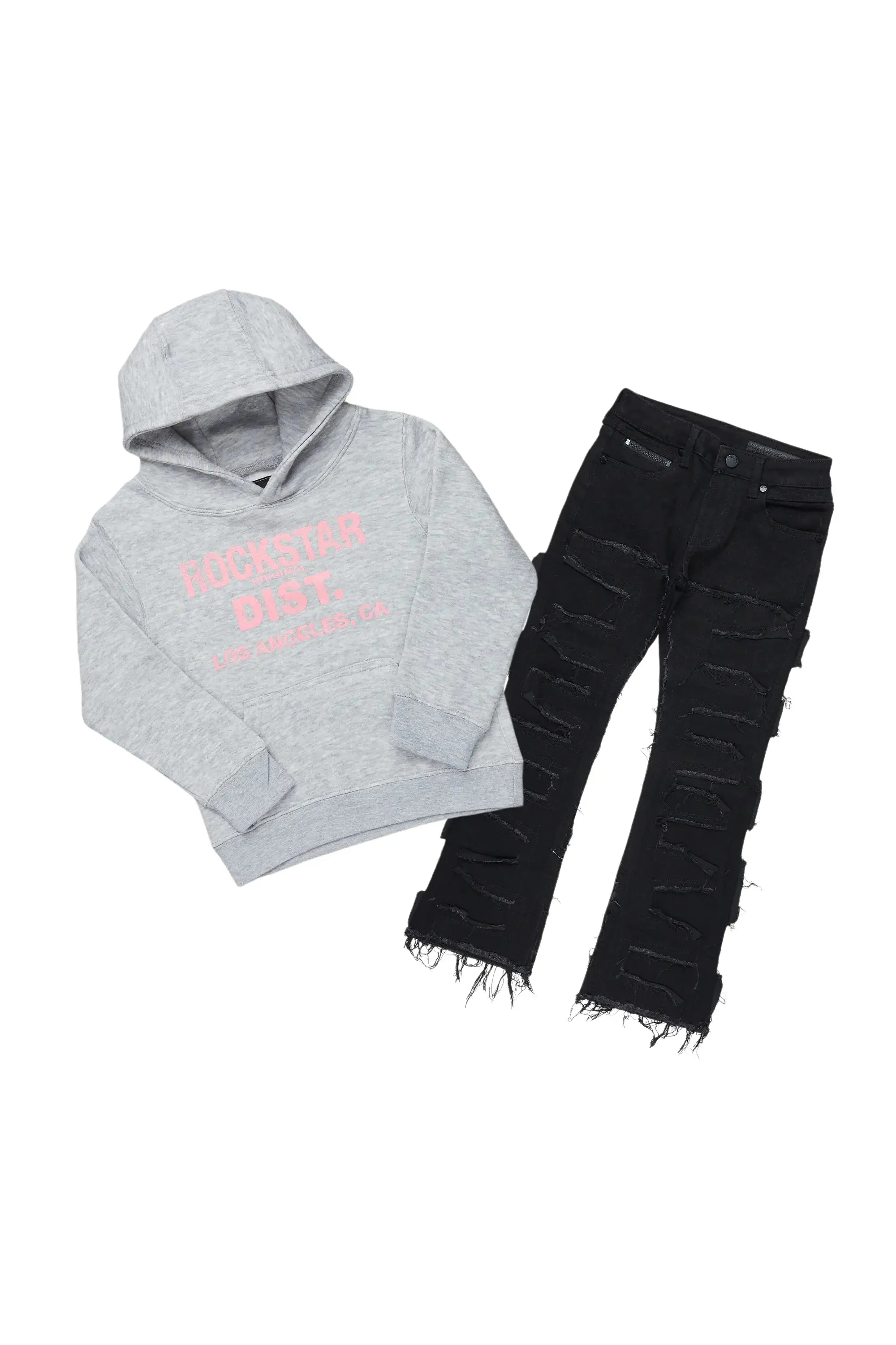 Girls Janny Grey/Black Hoodie/Stacked Flare Jean Set sold by Rockstar Original