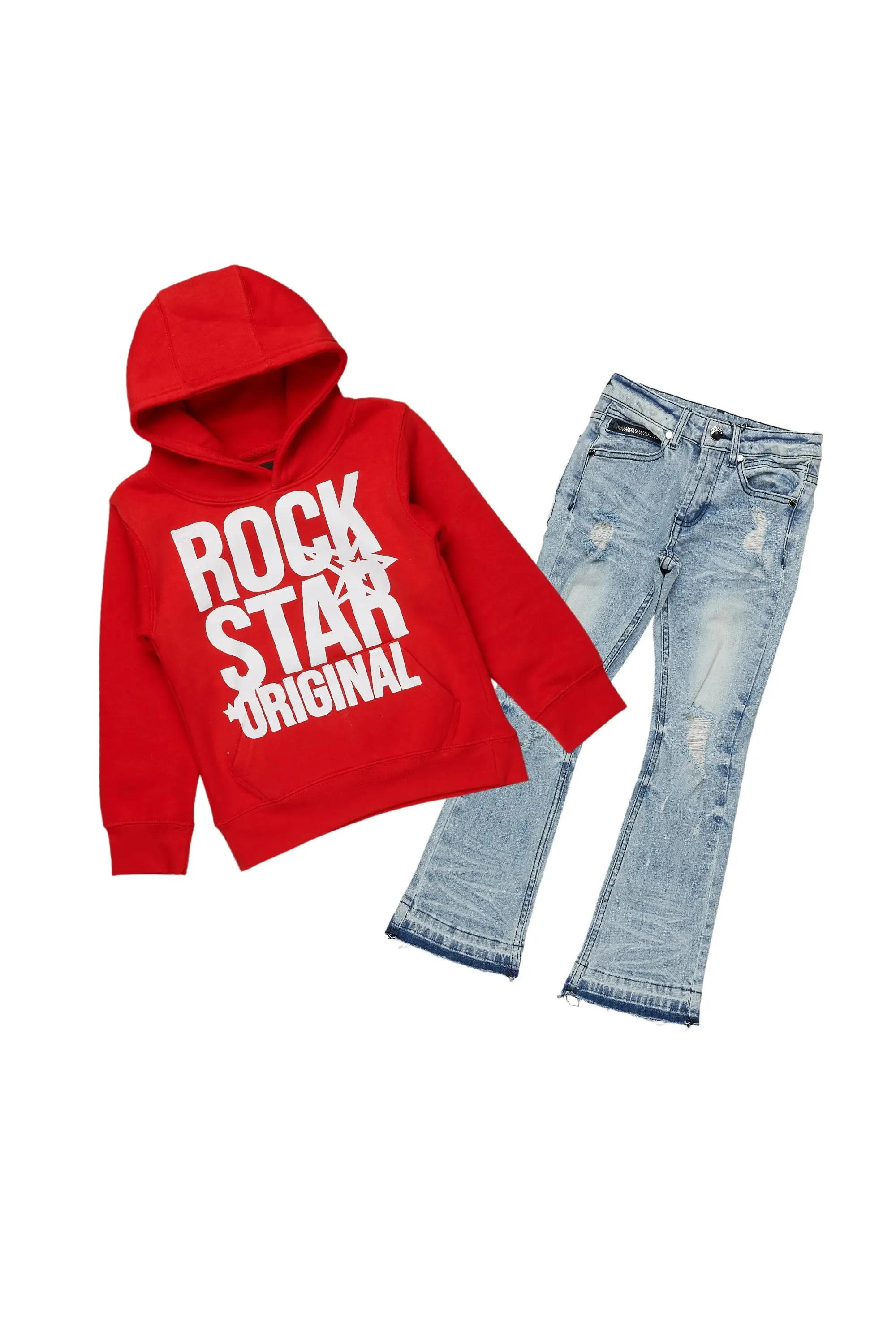 Girls Melanie Red/Blue Hoodie/Stacked Flare Jean Set sold by Rockstar Original