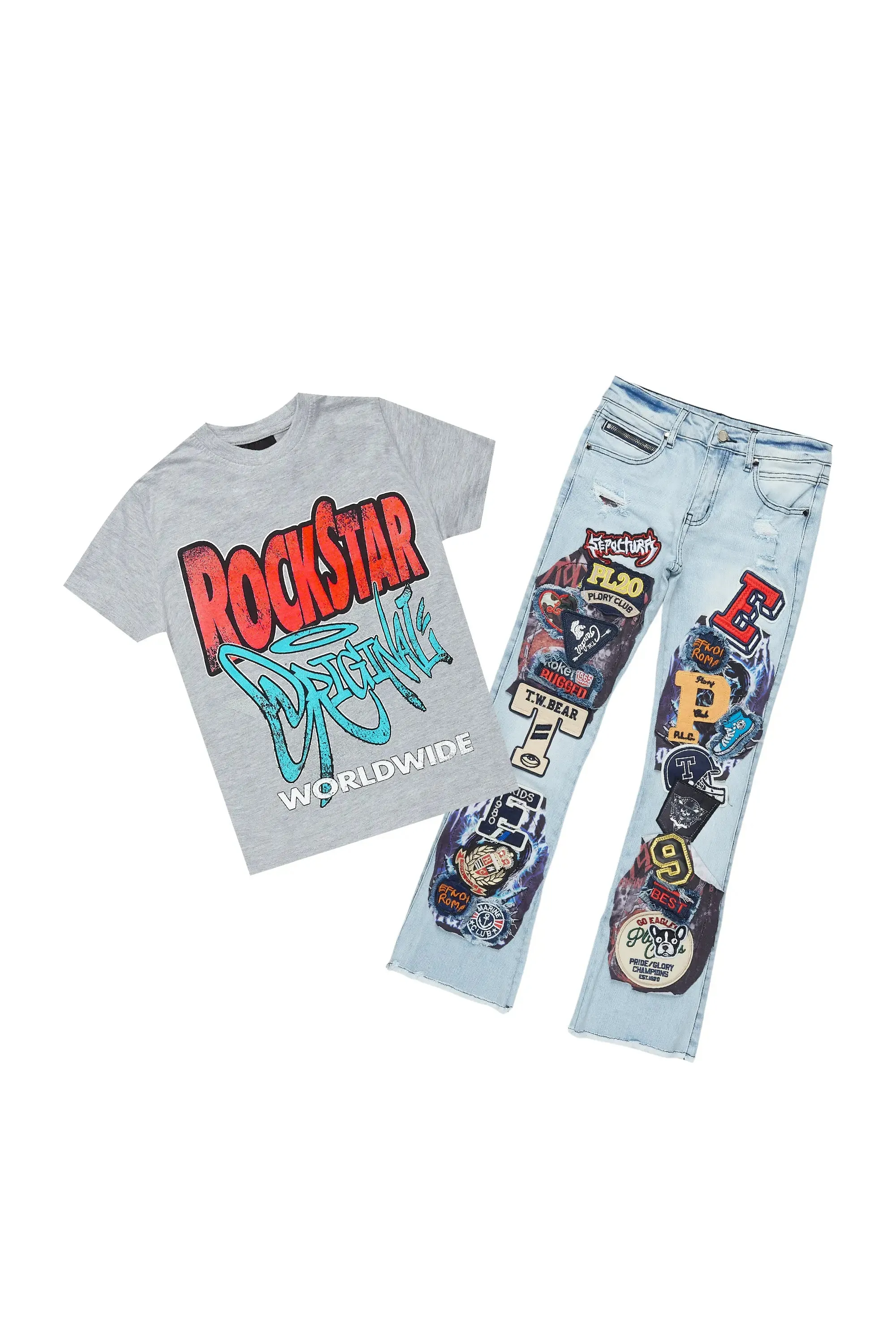Boys Kait Blue/Grey T-Shirt/Stacked Flare Jean Set sold by Rockstar Original