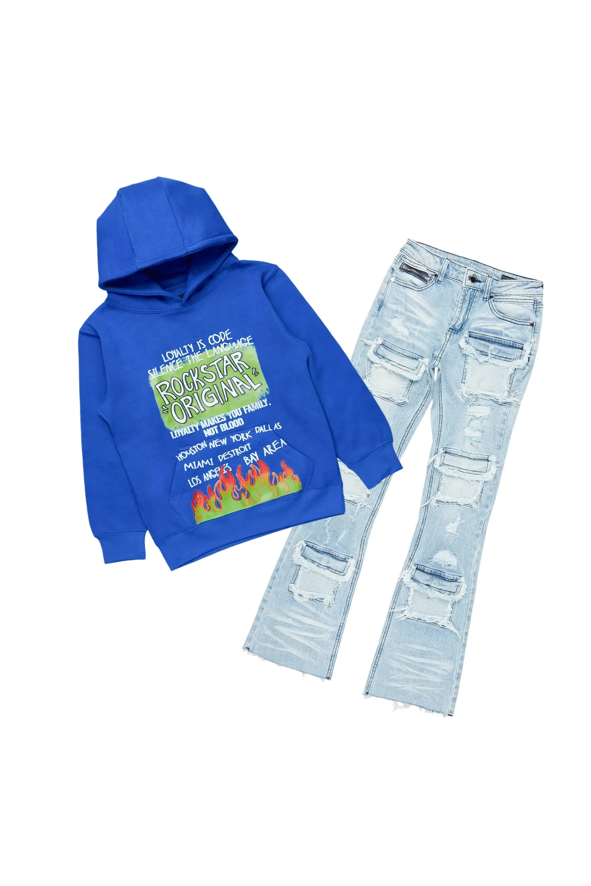 Boys Beno Royal Hoodie/Stacked Flare Jean Set sold by Rockstar Original