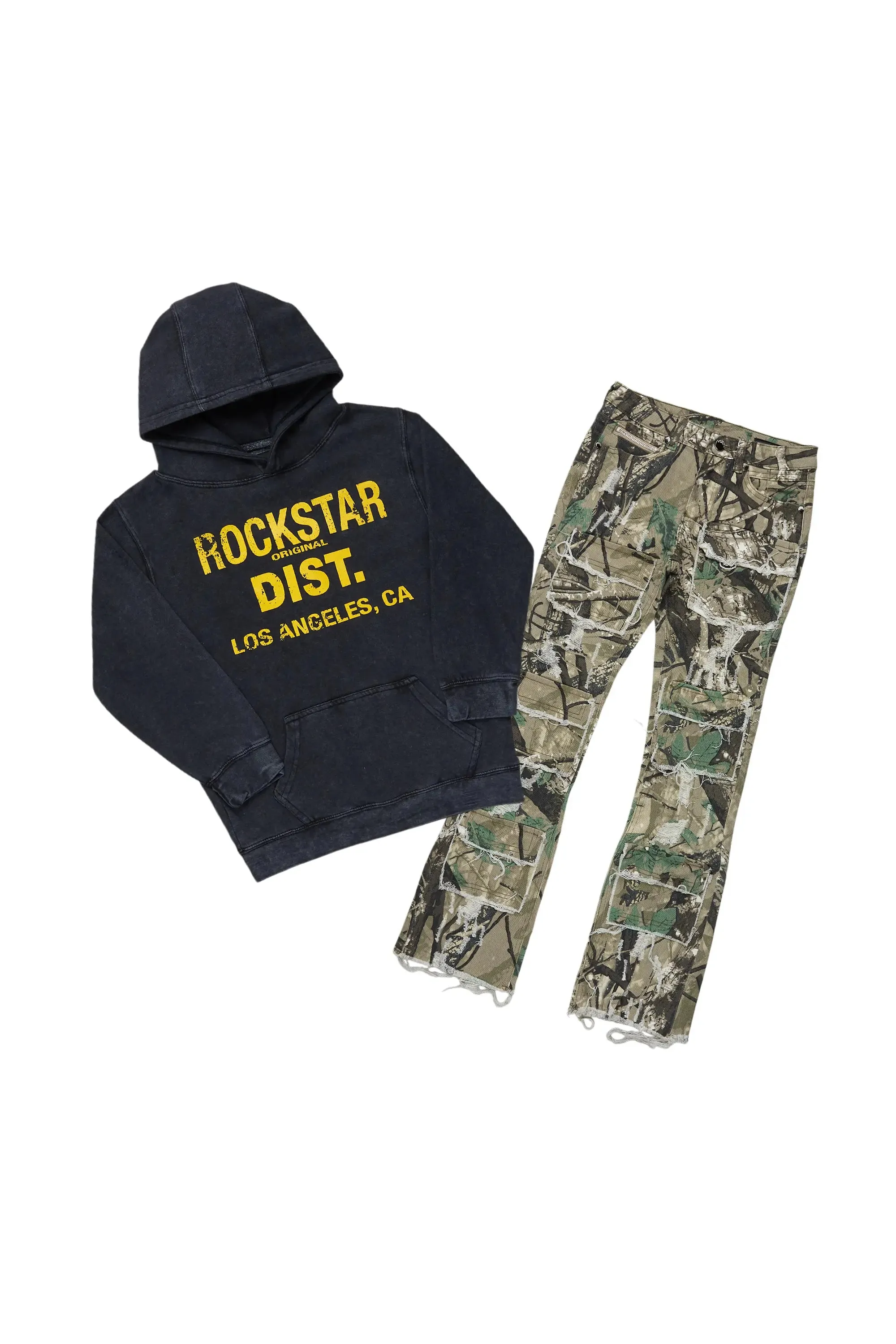 Boys Koen Black/Camo Hoodie/Stacked Flare Jean Set sold by Rockstar Original