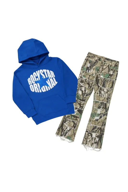 Boys Ezry Tree Camo/Royal Hoodie/Stacked Flare Jean Set sold by Rockstar Original