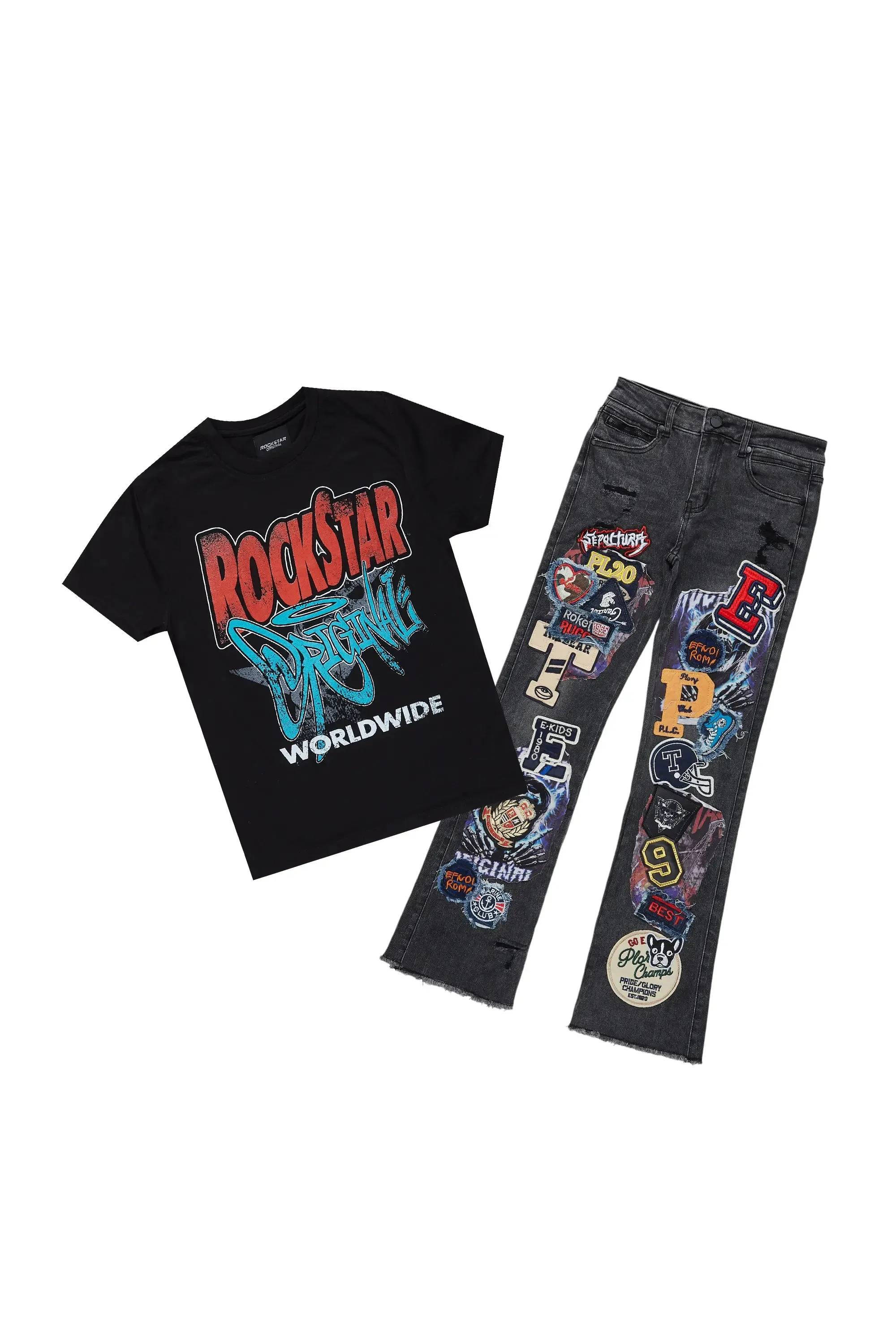 Boys Kait Black T-Shirt/Stacked Flare Jean Set sold by Rockstar Original