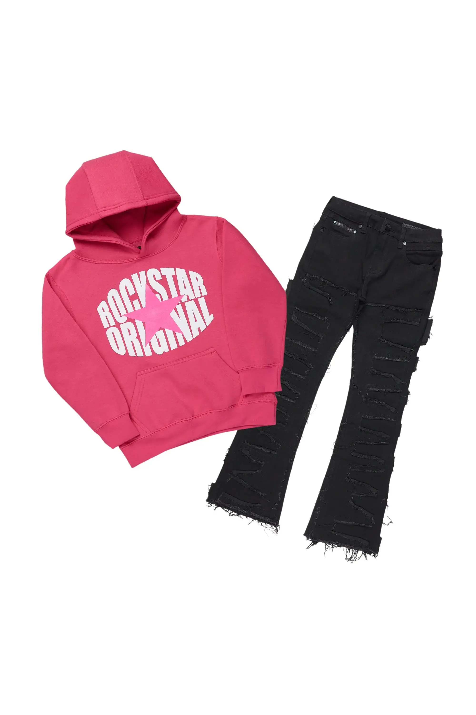 Girls Lucia Pink/Black Hoodie/Stacked Flare Jean Set sold by Rockstar Original