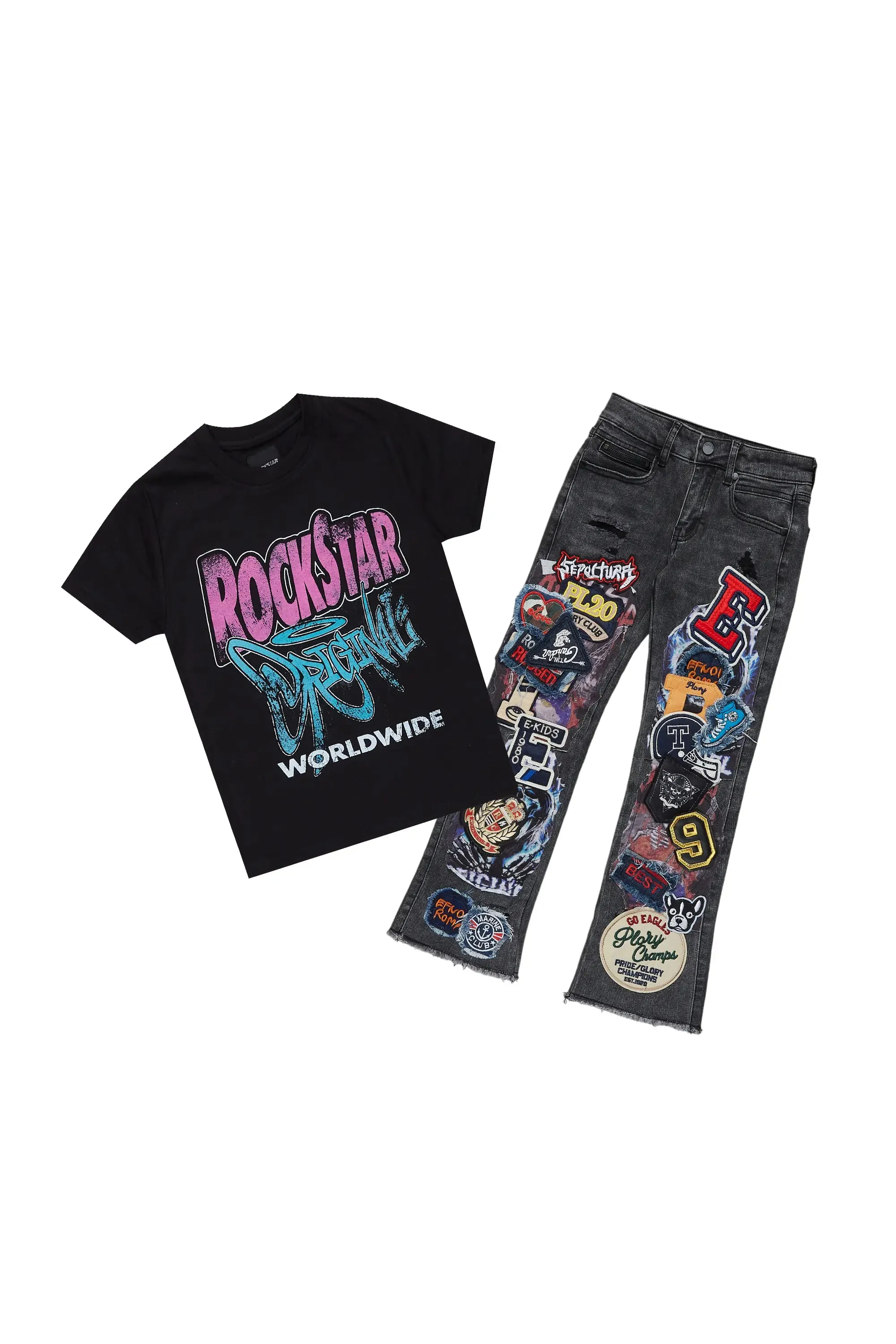 Girls Kaite Black T-Shirt/Stacked Flare Jean Set sold by Rockstar Original