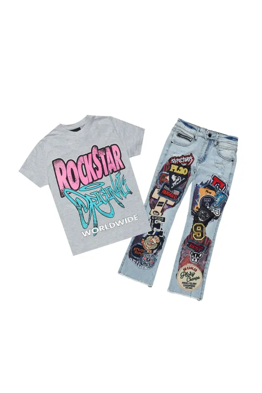 Girls Kaite Blue/Grey T-Shirt/Stacked Flare Jean Set sold by Rockstar Original