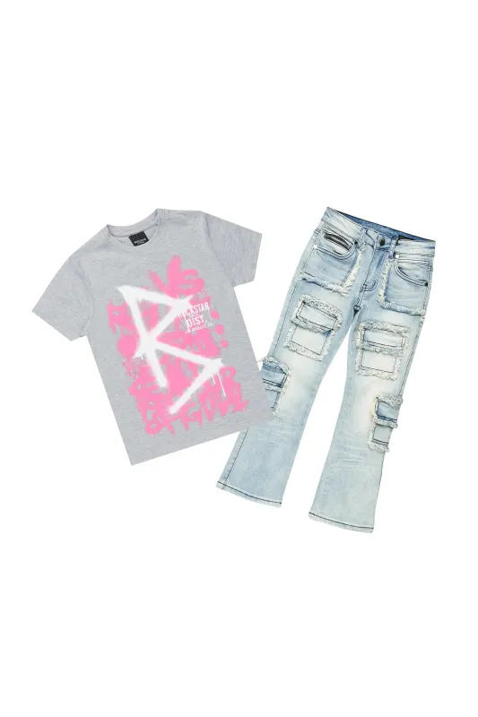 Girls Nahomy Grey T-Shirt/Stacked Flare Jean Set sold by Rockstar Original