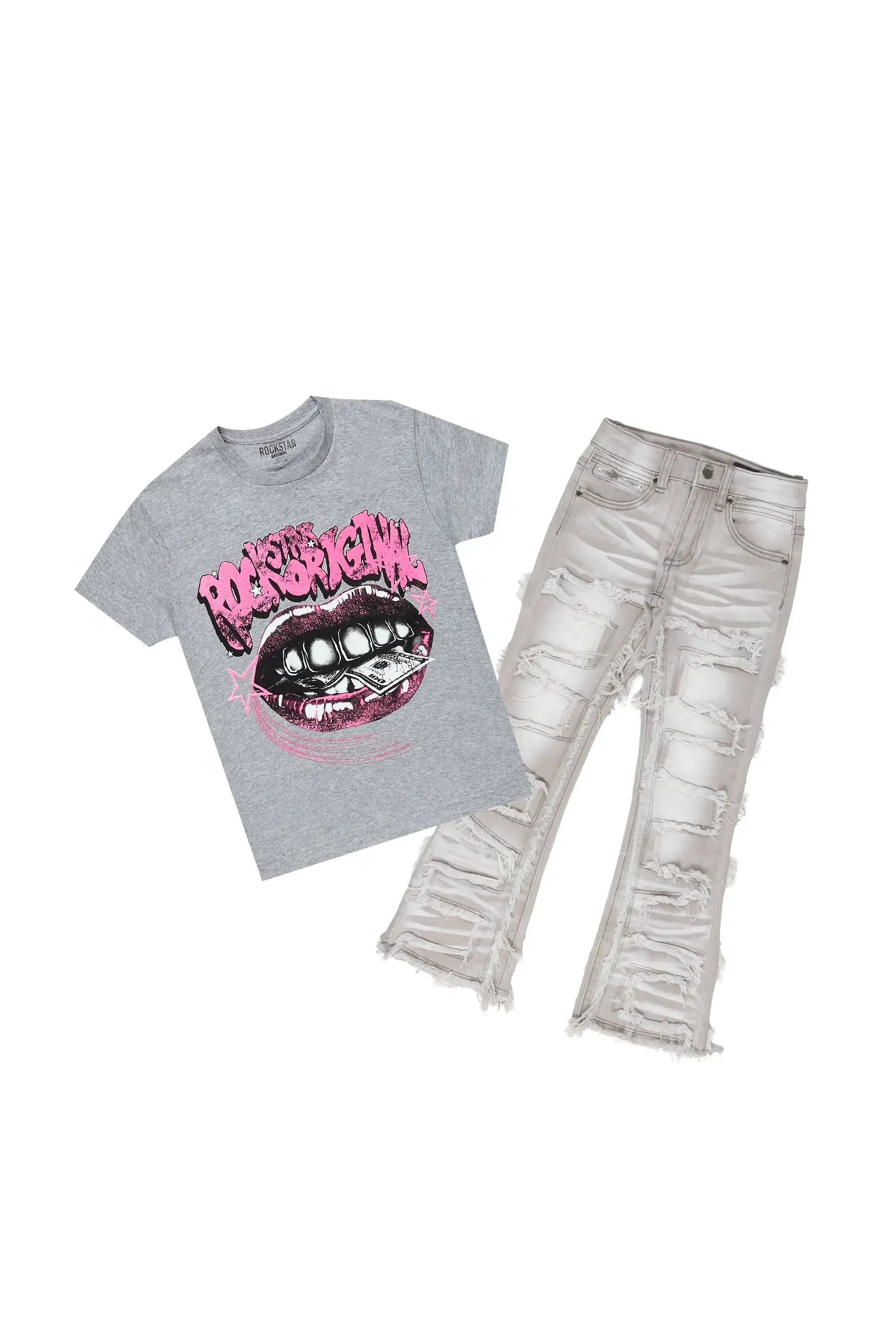 Girls Rosie Grey T-Shirt/Stacked Flare Jean Set sold by Rockstar Original