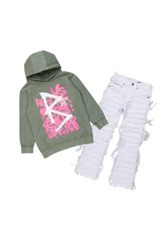 Girls Nahomy Vintage Green Hoodie/Stacked Flare Jean Set sold by Rockstar Original
