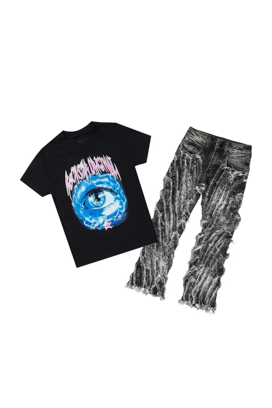 Girls Pellie Black T-Shirt/Stacked Flare Jean Set sold by Rockstar Original