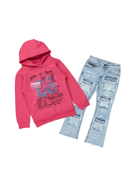 Girls Addie Pink/Blue Hoodie/Stacked Flare Jean Set sold by Rockstar Original