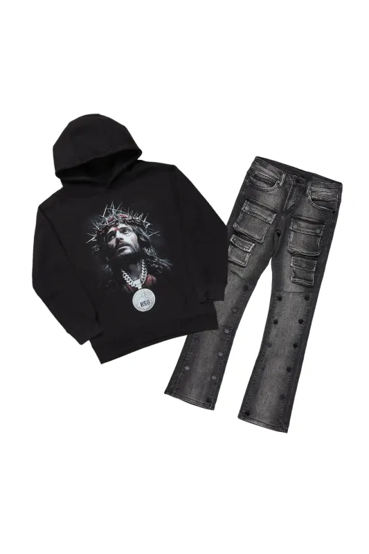 Boys Daman Black Hoodie/Stacked Flare Jean Set sold by Rockstar Original