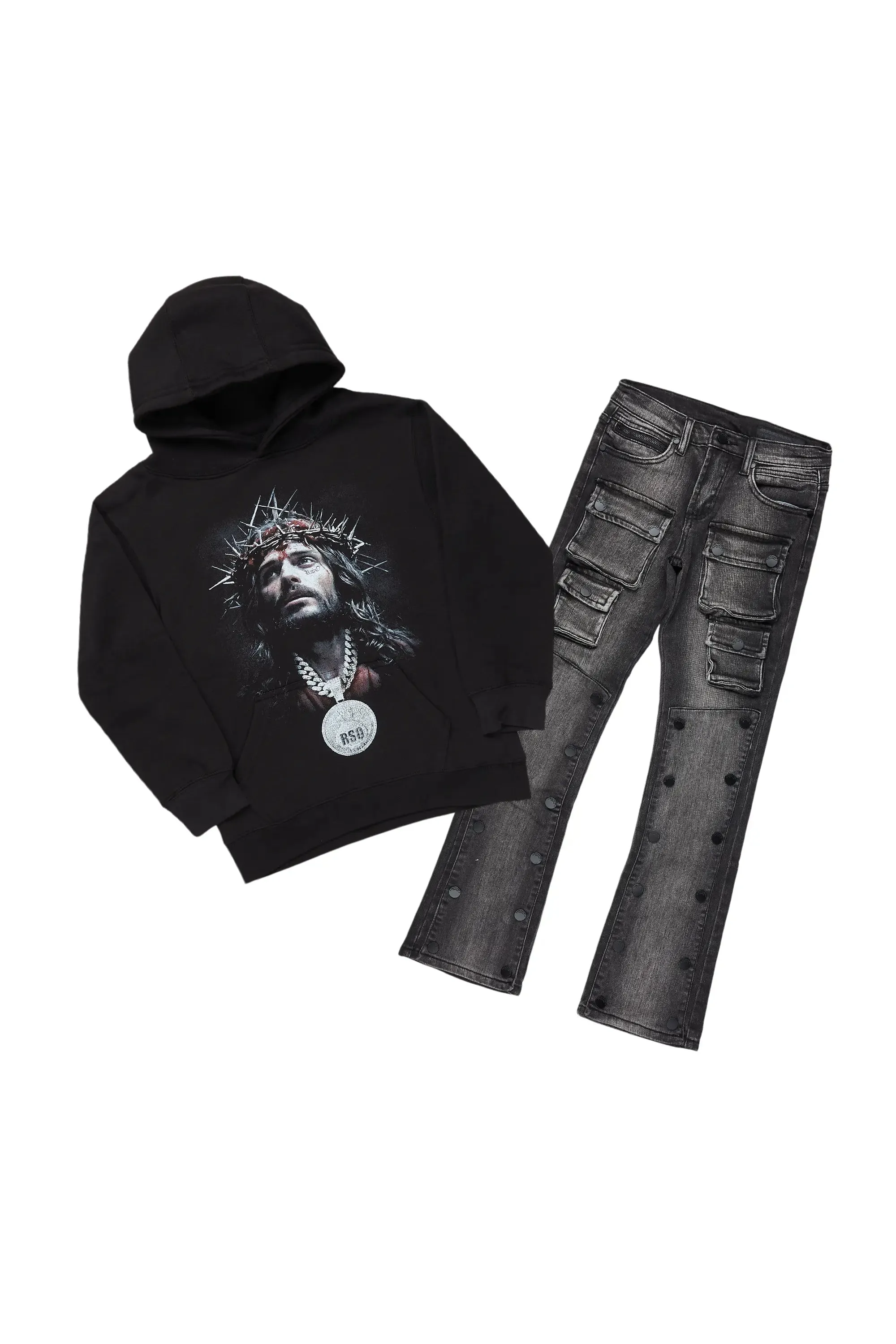 Boys Daman Black Hoodie/Stacked Flare Jean Set sold by Rockstar Original