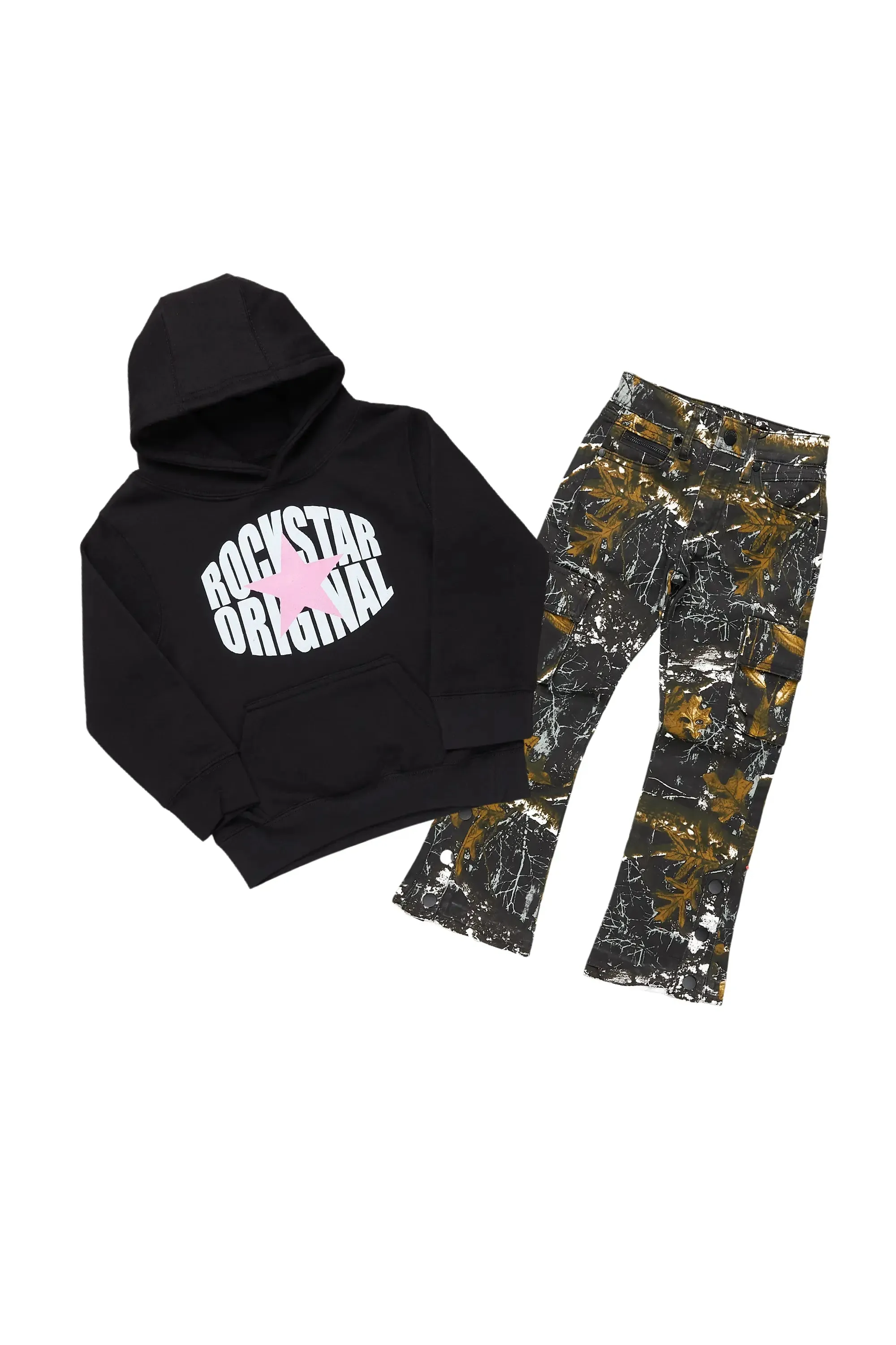 Girls Mia Black Tree Camo Hoodie/Stacked Flare Jean Set sold by Rockstar Original