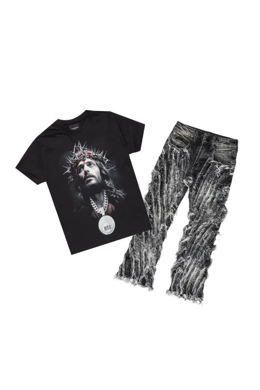 Boys Amina Black T-Shirt/Stack Flare Jean Set sold by Rockstar Original