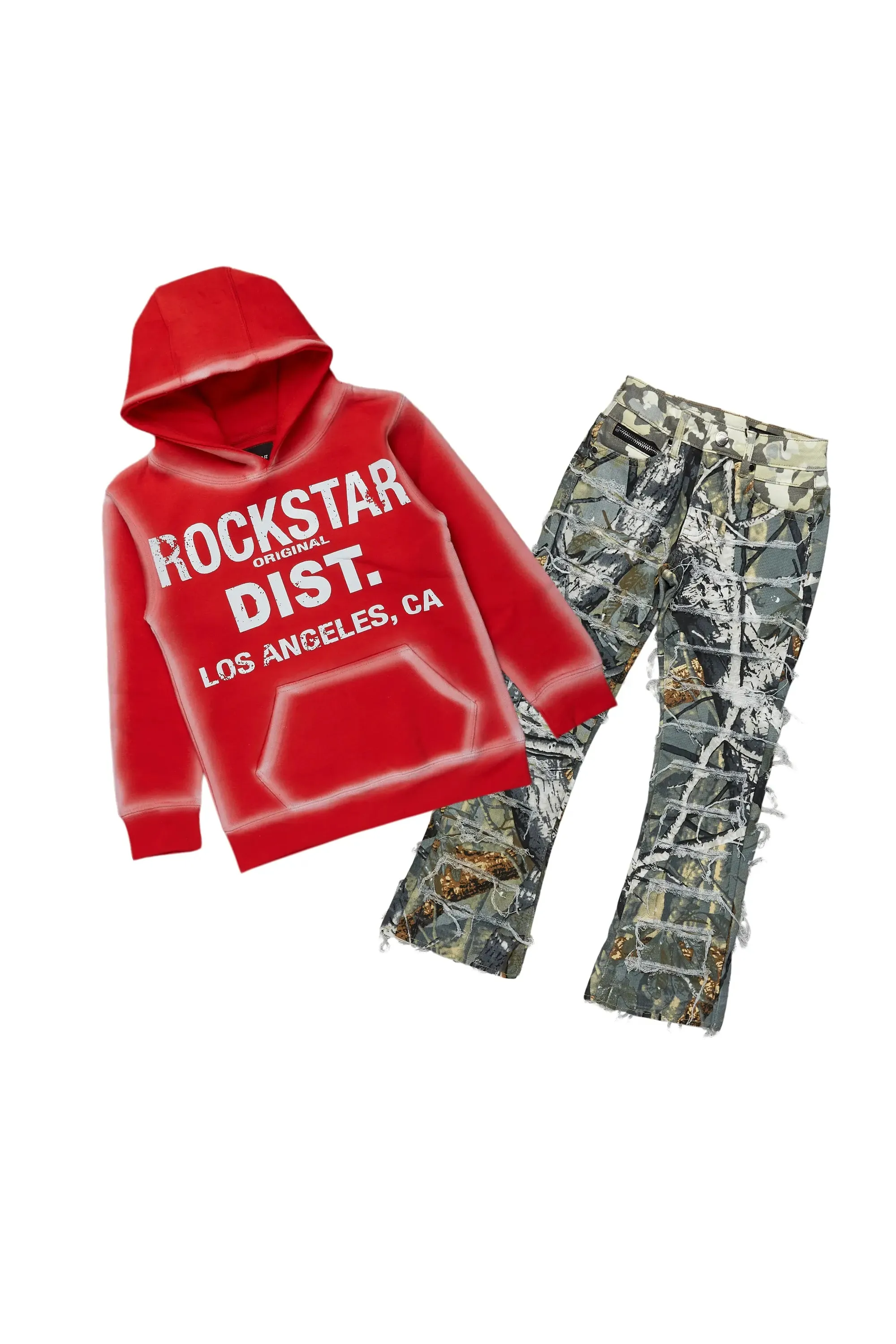 Boys Bridger Red/Tree Camo Hoodie/Stacked Flare Jean Set sold by Rockstar Original