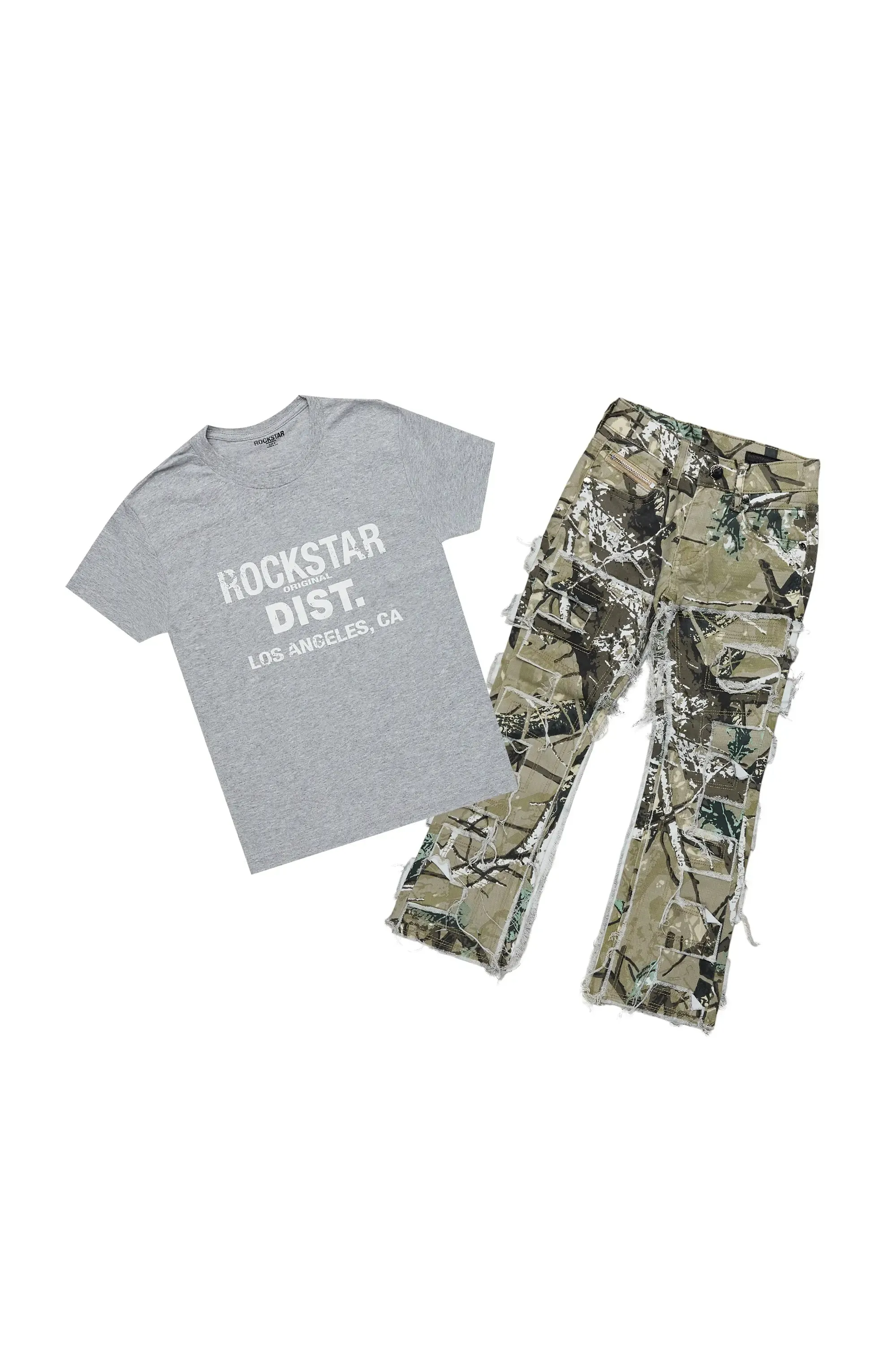 Boys Kyaire Grey/Tree Camo T-Shirt/Stacked Flare Jean Set sold by Rockstar Original
