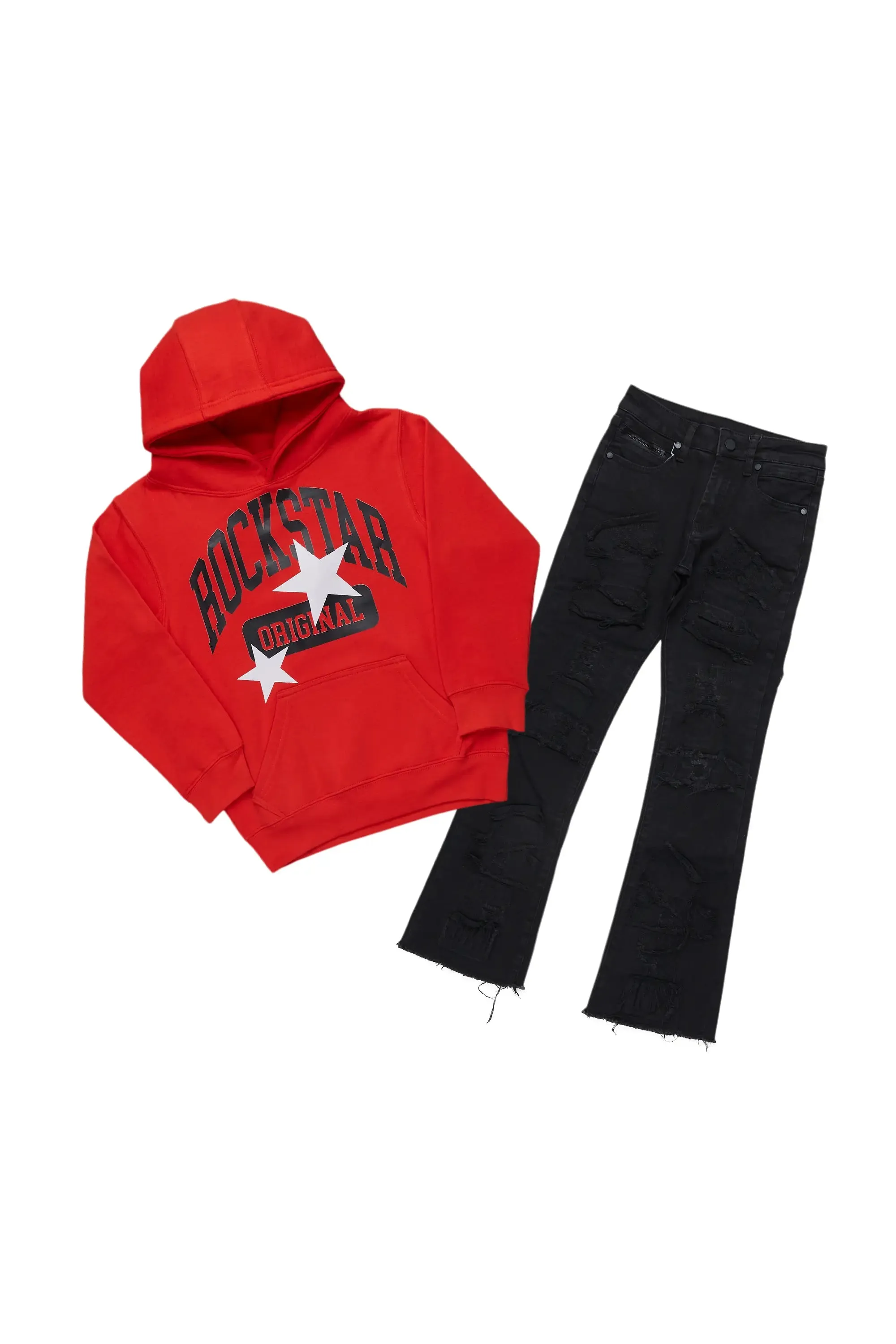 Boys Miro Black/Red Hoodie/Stacked Flare Jean Set sold by Rockstar Original