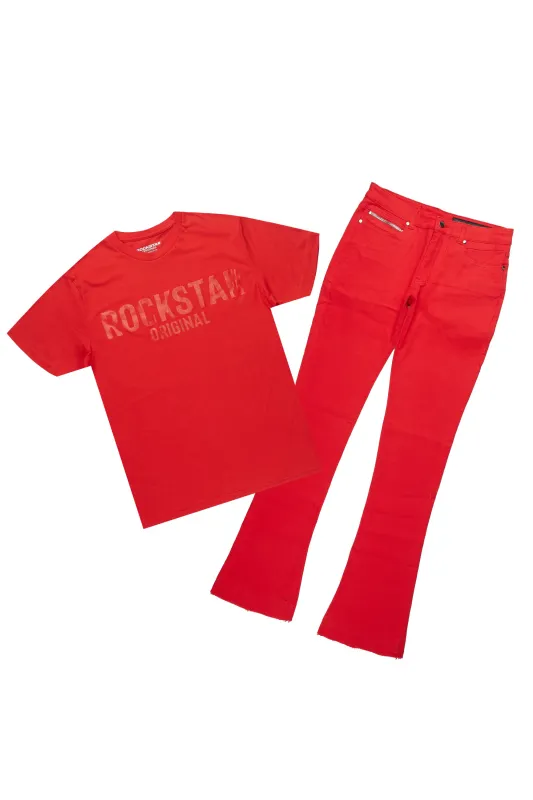 Sana Red T-Shirt/Dag Stacked Flare Jean Set sold by Rockstar Original