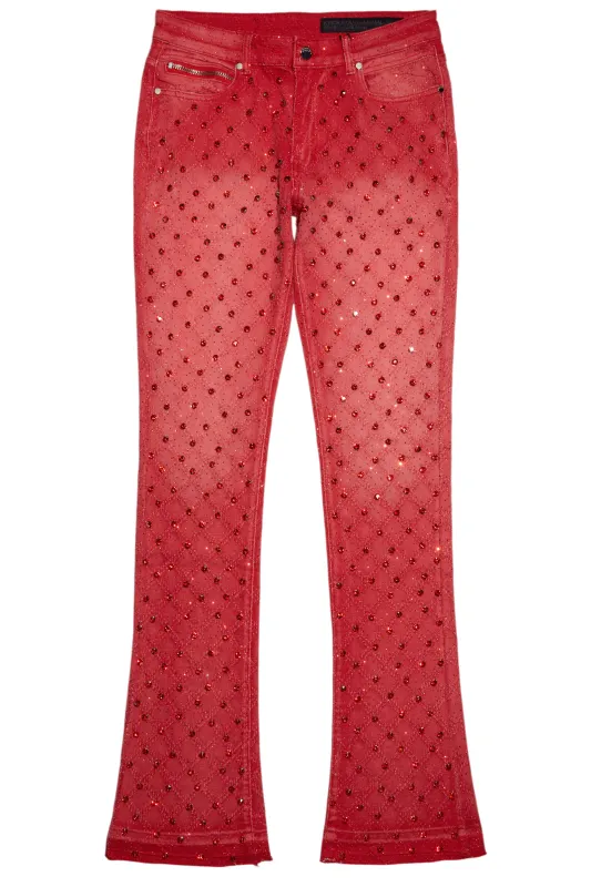 Glit Red Rhinestone Stacked Flare Jean sold by Rockstar Original