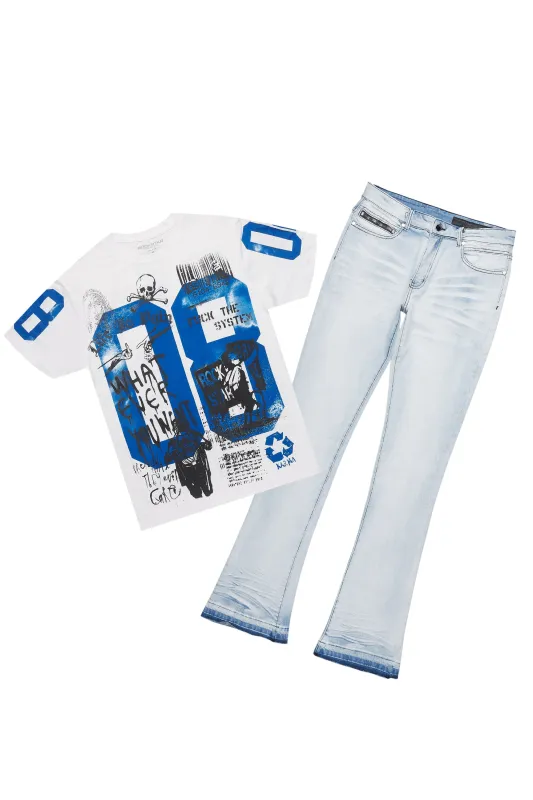 Grill White/Blue Oversized Graphic T-Shirt/Dag Stacked Flare Jean Set sold by Rockstar Original