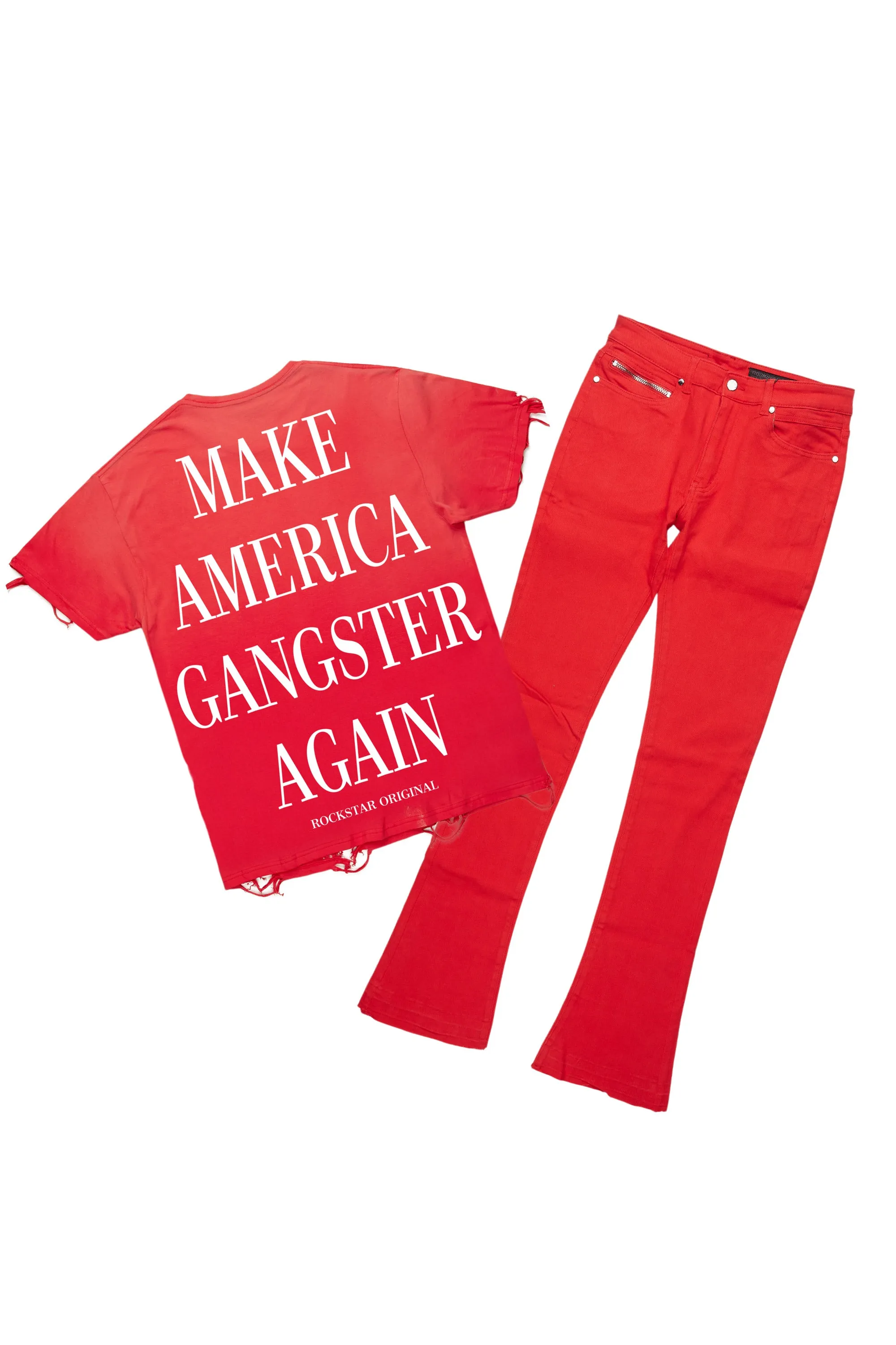 Drako Red/White Oversized Graphic T-Shirt/Dag Stacked Flare Jean Set sold by Rockstar Original